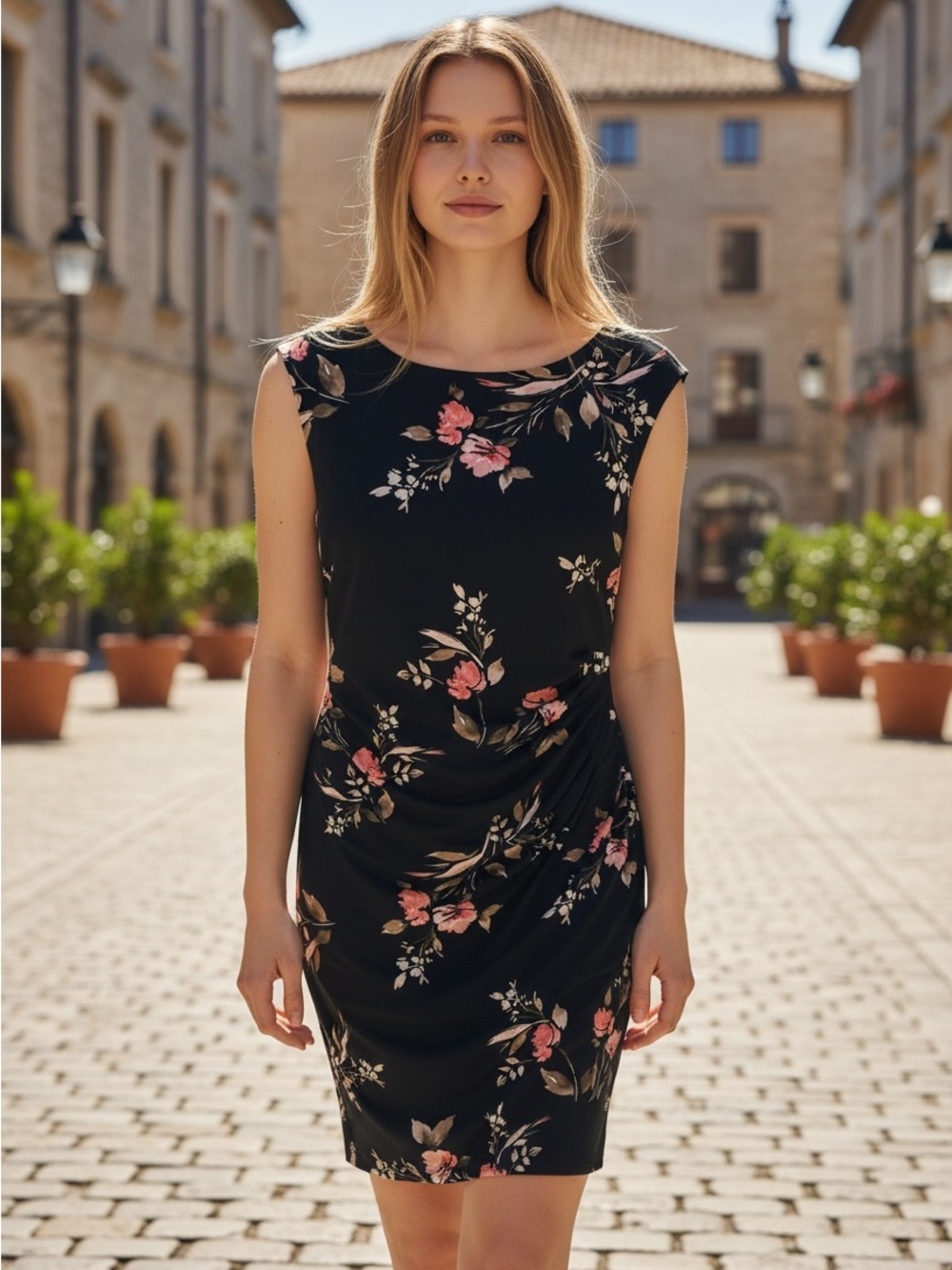 Ralph Lauren Black Midi Ruched Sheath Dress with Pink Floral Print 14